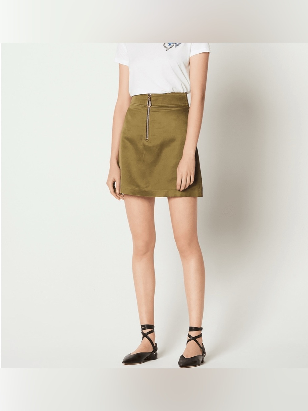 Sandro Paris Olive Green Mini Skirt with Front Rose Gold Zipper Size Small - Picture 2 of 14